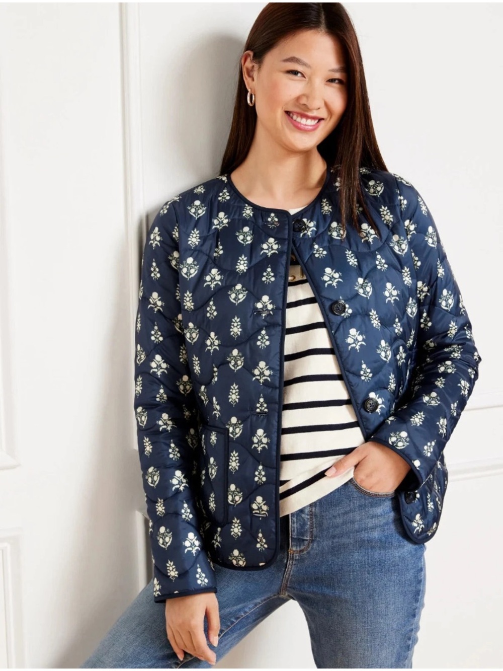 Talbots Jacket Womens XL Quilted Puffer Floral Ditsy Foulard Button Blue Preppy